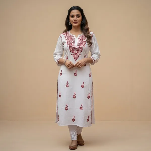 Red_Cotton_Red_Work_Chikankari_Kurti_For_Women