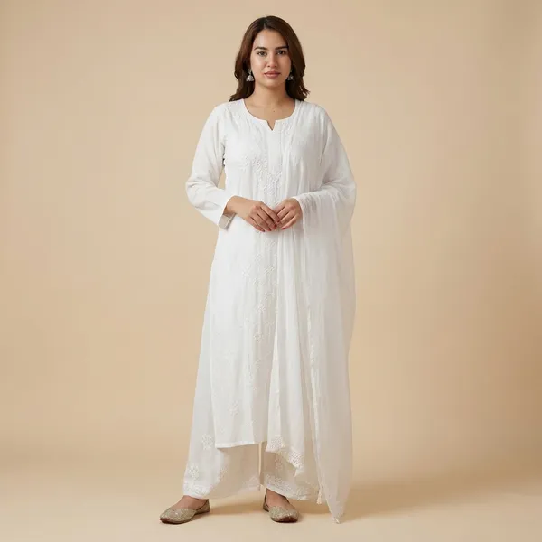 White_Rayon_Fancy_Chikankari_Shibli_Palazzo_Dupatta_Set_For_Women