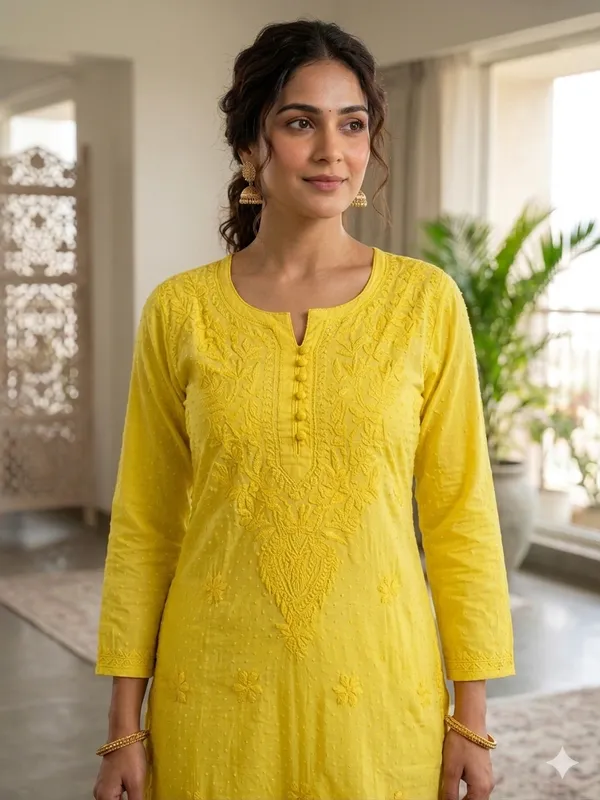 Yellow_Dobby_Chikan_Pant_Set_For_Women