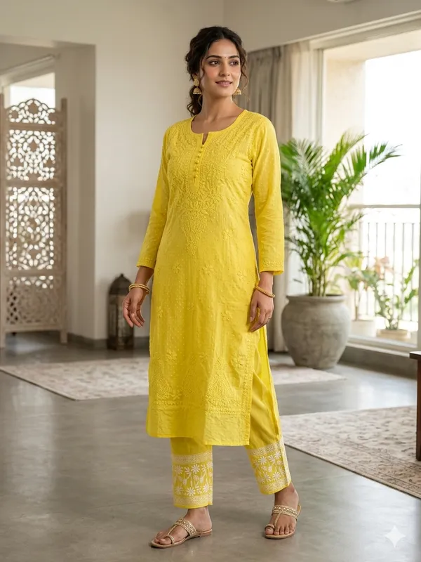 Yellow_Dobby_Chikan_Pant_Set_For_Women