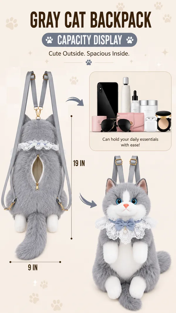 Bellechic™_Premium_Grey_Plush_Cat_Backpack_for_Women_&_Girls_|_Cute_Kawaii_Stuffed_Animal_Backpack_|_Soft_Plush_School_&_Travel_Bag
