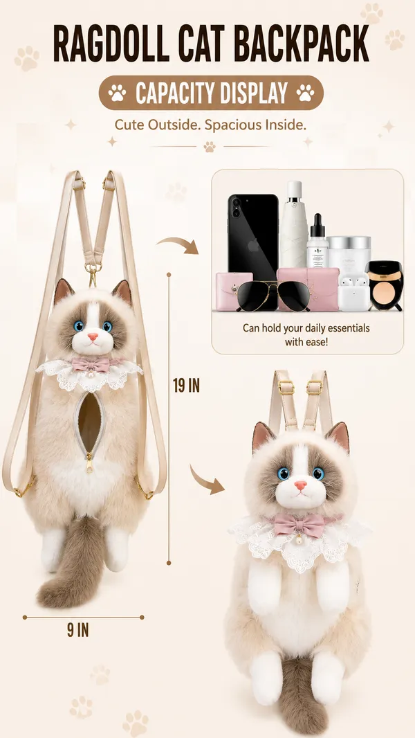 Bellechic™_Premium_Plush_Cat_Backpack_for_Women_&_Girls_|_Cute_Kawaii_Soft_Toy_Shoulder_Bag_|_Beige_Cat