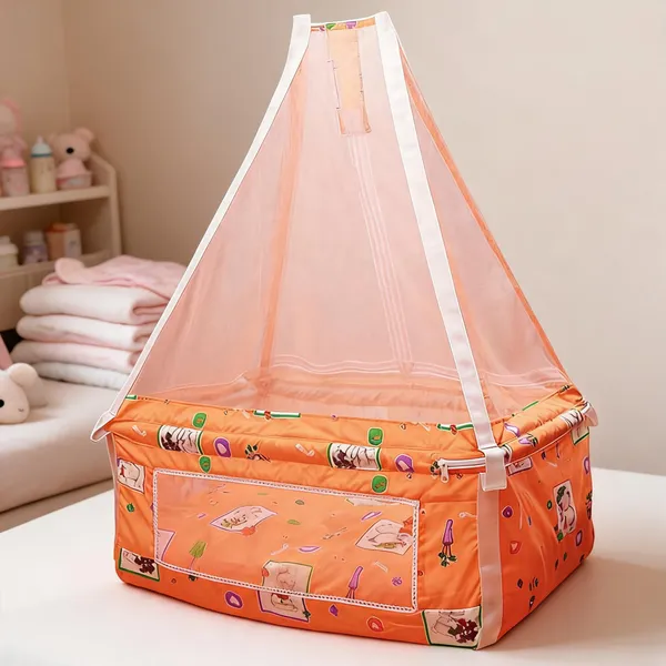 Orange_Cotton_Cartoon_Print_Baby_Cradle_With_Mosquito_Net_For_Newborn_&_Infant