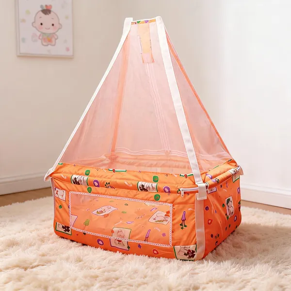 Orange_Cotton_Cartoon_Print_Baby_Cradle_With_Mosquito_Net_For_Newborn_&_Infant
