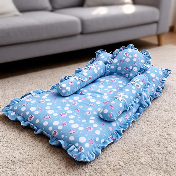 Blue_Cotton_Floral_Print_Frill_Baby_Bed_Set_For_Newborn_&_Infant