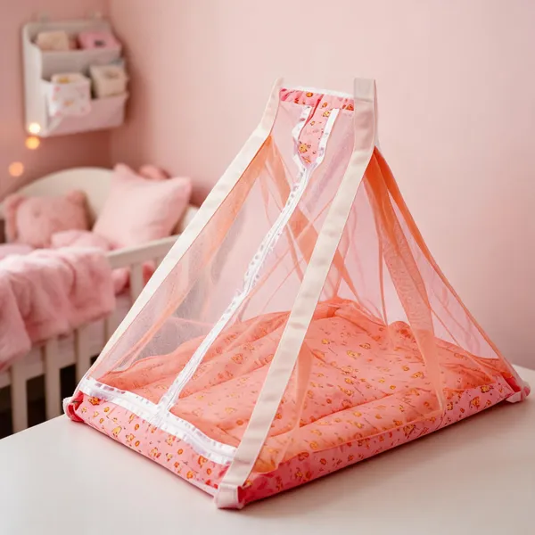 Peach_White_Cotton_Polyester_Mesh_Baby_Cradle_With_Mosquito_Net_For_Newborn_&_Infant