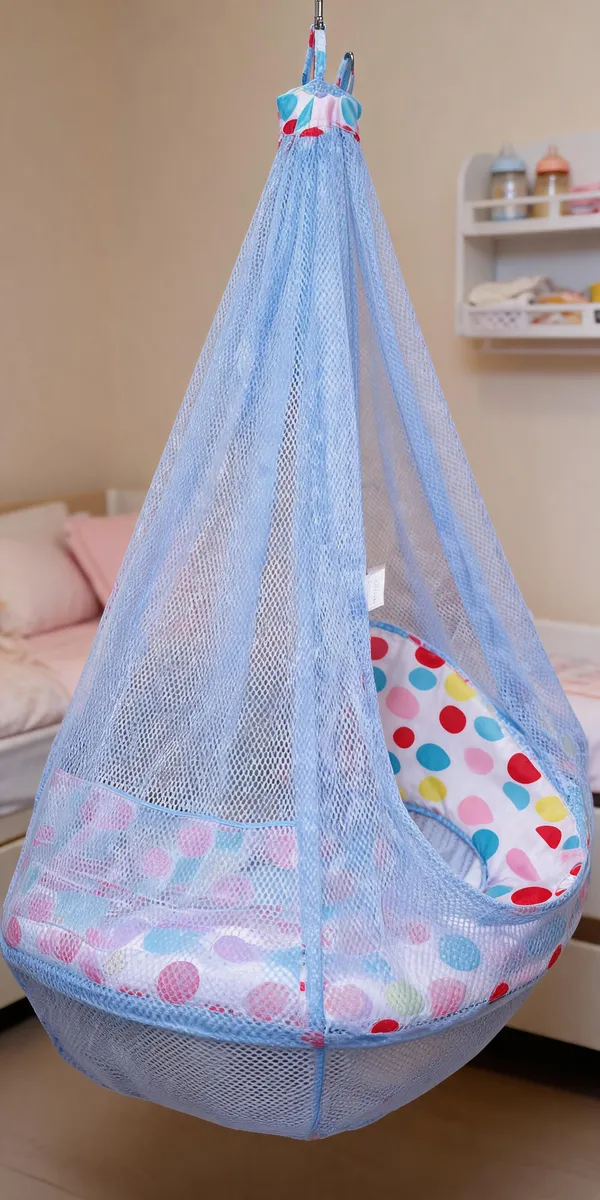 Blue_Cotton_Polyester_Mesh_Spring_Baby_Cradle_With_Net_For_Newborn_&_Infant