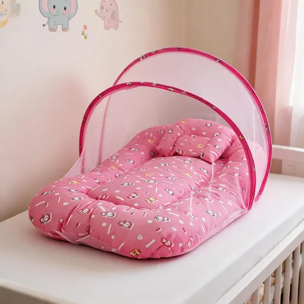 Pink_Cotton_Elastic_Baby_Net_Bed_with_polyester_mesh_For_Newborn_&_Infant
