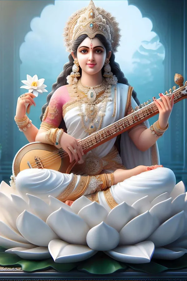 Divine_Goddess_Saraswati_Spiritual_Artwork_-_Seated_On_White_Lotus_With_Veena