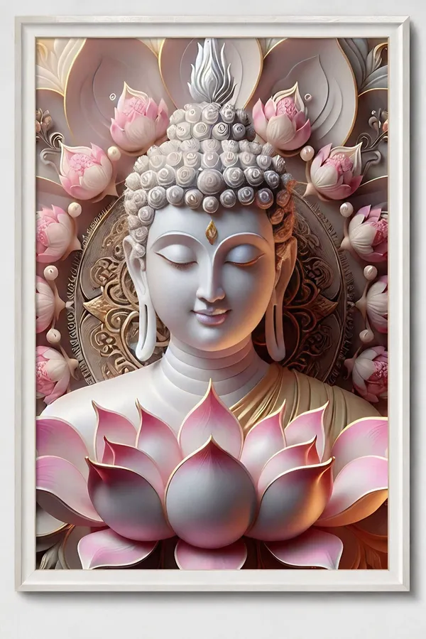 Decorative_Spiritual_poster_White_Buddha_Statue_With_Pink_Lotus_Flowers_-_