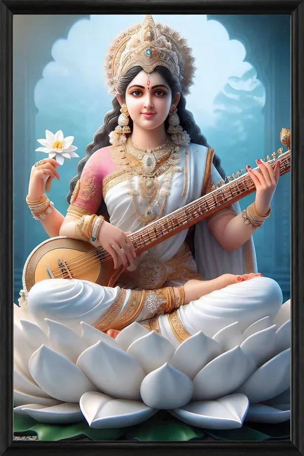 Divine_Goddess_Saraswati_Spiritual_Artwork_-_Seated_On_White_Lotus_With_Veena