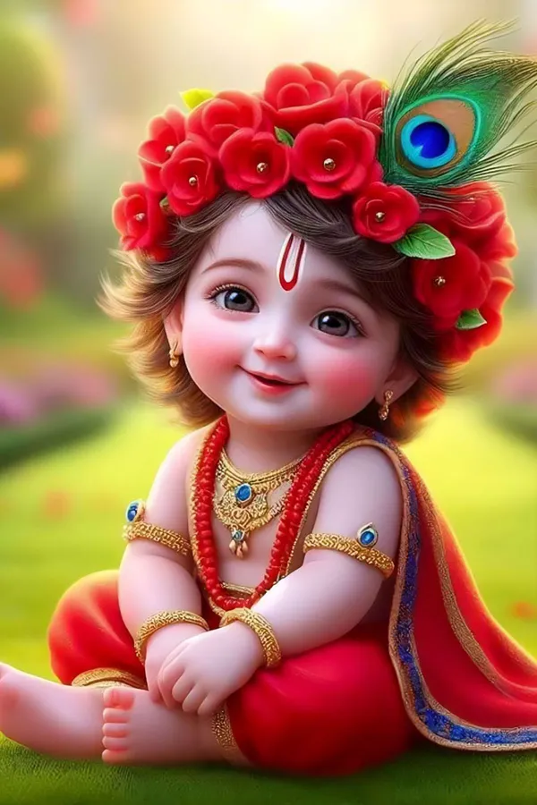 Decorative_Baby_Krishna_Idol_With_Peacock_Feather_Crown_And_Red_Floral_Garland