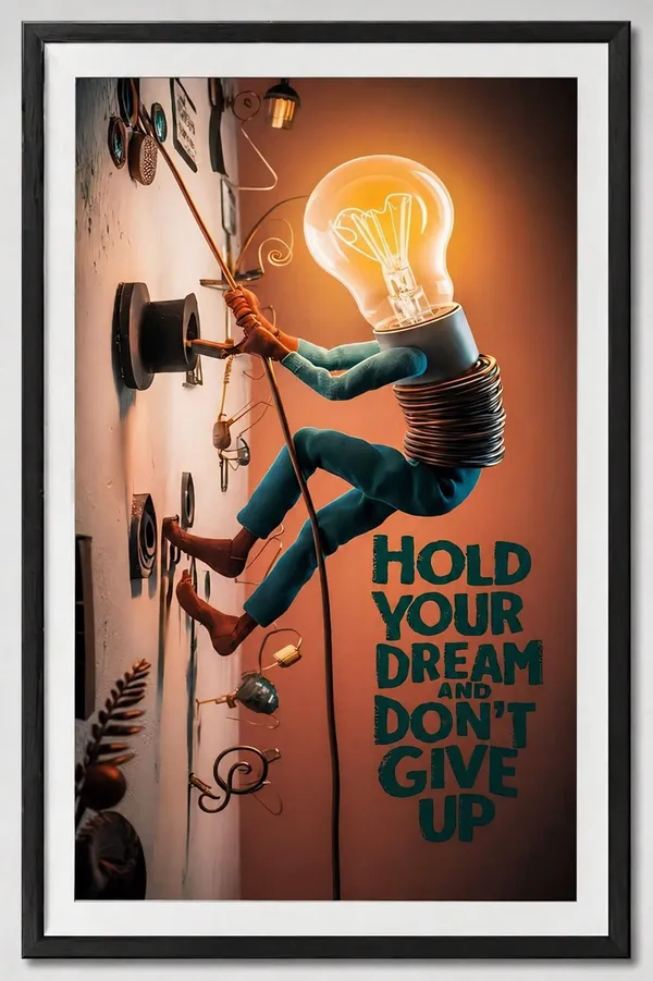 Motivational_Wall_Art_-_'Hold_Your_Dream_And_Don'T_Give_Up'_Light_Bulb_Character_Poster