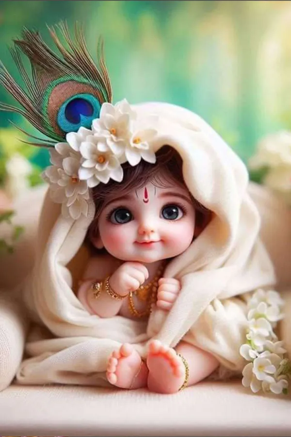 Adorable_Baby_Krishna_Idol_Figurine_With_Peacock_Feather_And_Floral_Headpiece