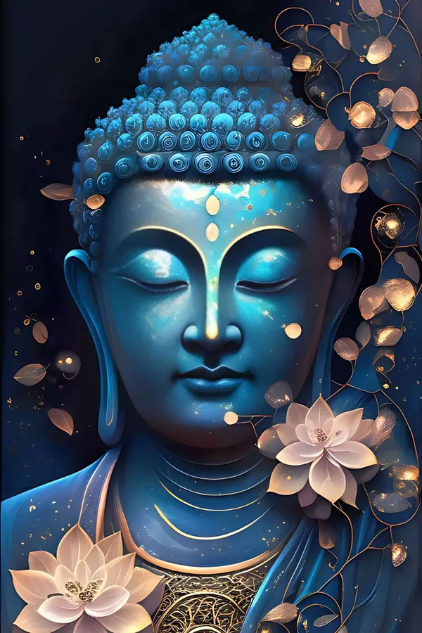 Decorative_Buddha_Statue_With_Lotus_Flowers_-_Blue_Metallic_Finish