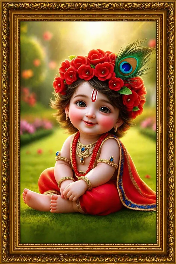 Decorative_Baby_Krishna_Idol_With_Peacock_Feather_Crown_And_Red_Floral_Garland