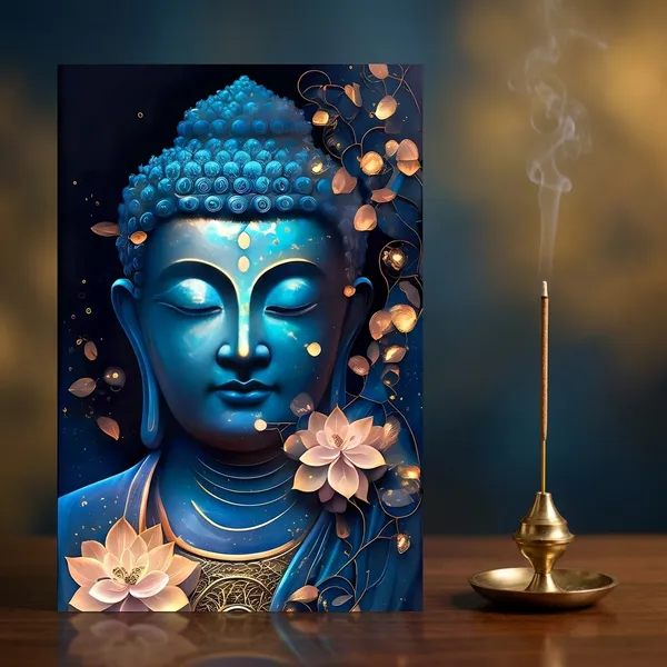 Decorative_Buddha_Statue_With_Lotus_Flowers_-_Blue_Metallic_Finish