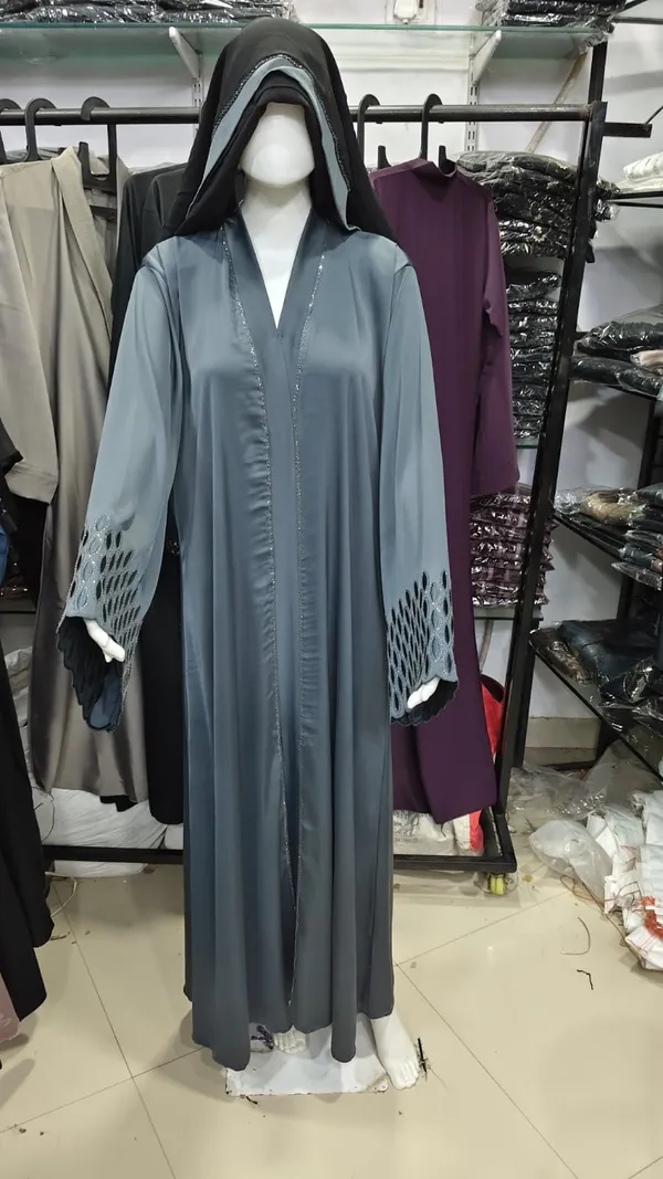 Grey_Embroidered_Open_Front_Abaya_With_Hood