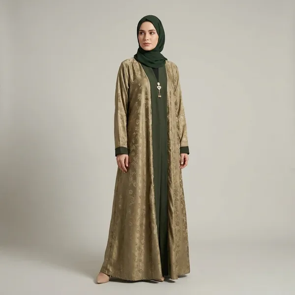 Olive_Green_&_Beige_Premium_Two-Tone_Open_Abaya_With_Inner_Dress