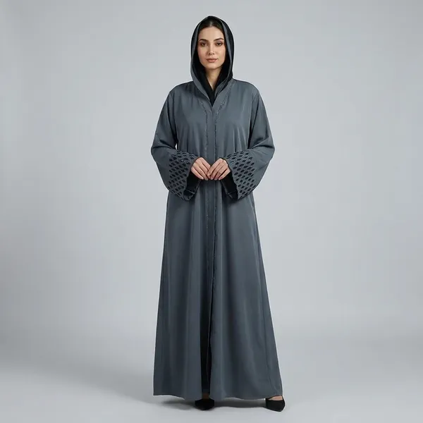 Grey_Embroidered_Open_Front_Abaya_With_Hood
