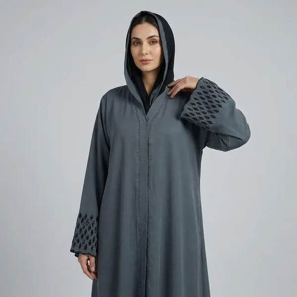 Grey_Embroidered_Open_Front_Abaya_With_Hood