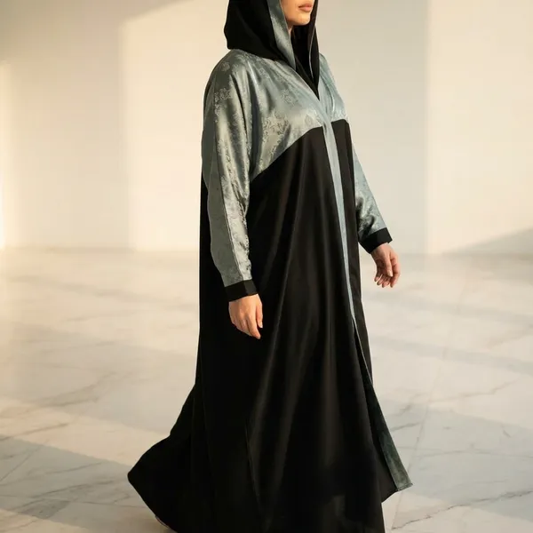Black_&_Blue_Elegant_Dual-Tone_Abaya_With_Embroidered_Sleeves_And_Attached_Hijab