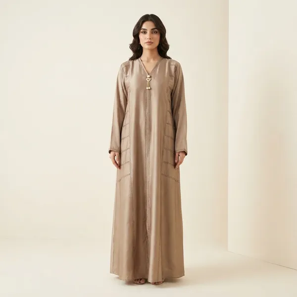 Beige_Long_Abaya_With_Decorative_Front_Buttons_And_Contrasting_Sleeves