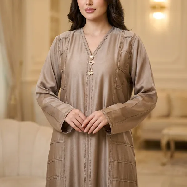 Beige_Long_Abaya_With_Decorative_Front_Buttons_And_Contrasting_Sleeves