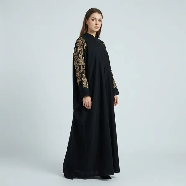 Black_Abaya_With_Golden_Floral_Embroidery_On_Sleeves