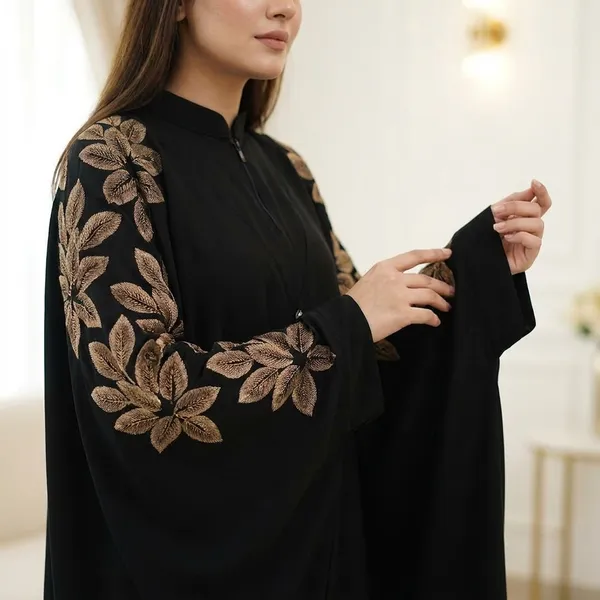 Black_Abaya_With_Golden_Floral_Embroidery_On_Sleeves