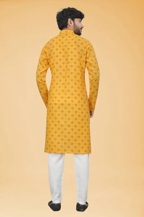 Yellow_Slub_Cotton_Kurta_Pajama_Set_For_Men
