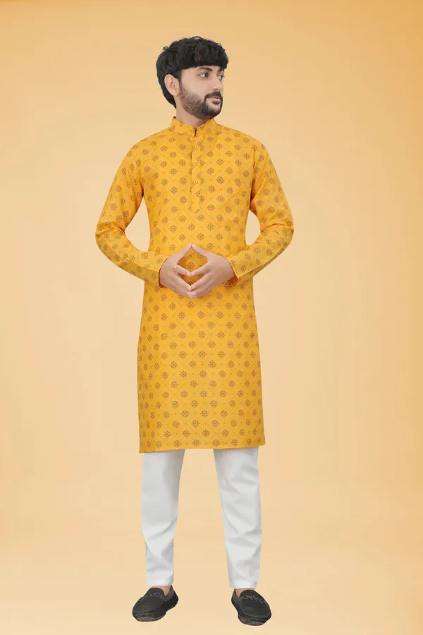 Yellow_Slub_Cotton_Kurta_Pajama_Set_For_Men
