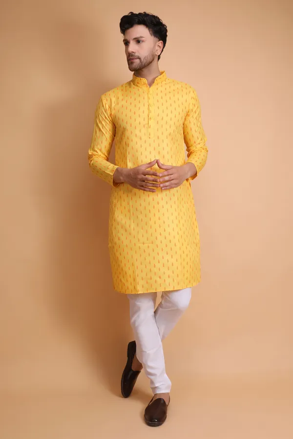 Yellow_Slub_Cotton_Kurta_Pajama_Set_For_Men