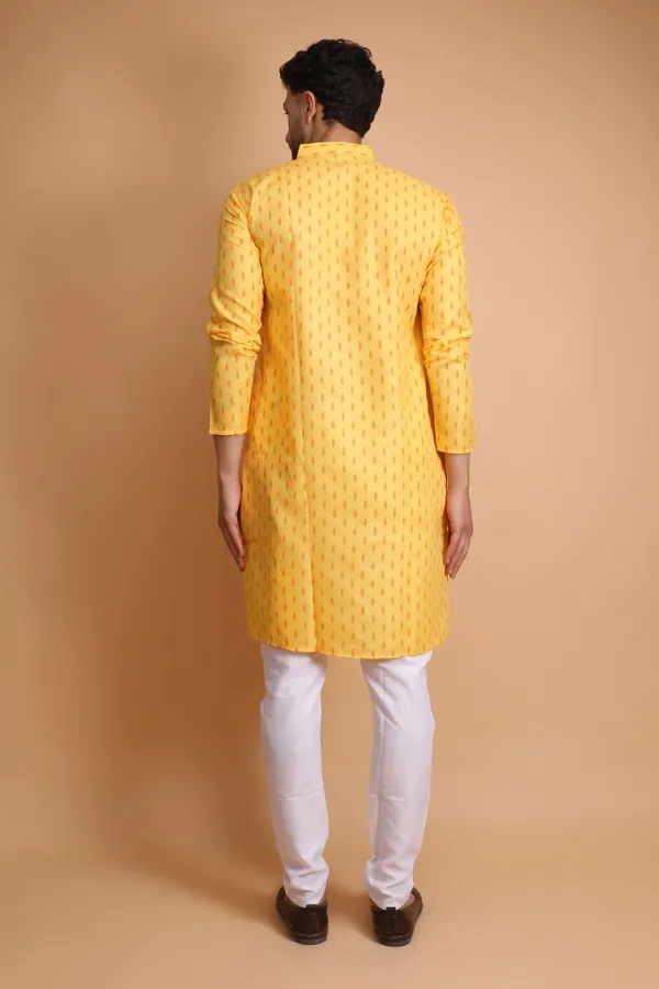 Yellow_Slub_Cotton_Kurta_Pajama_Set_For_Men