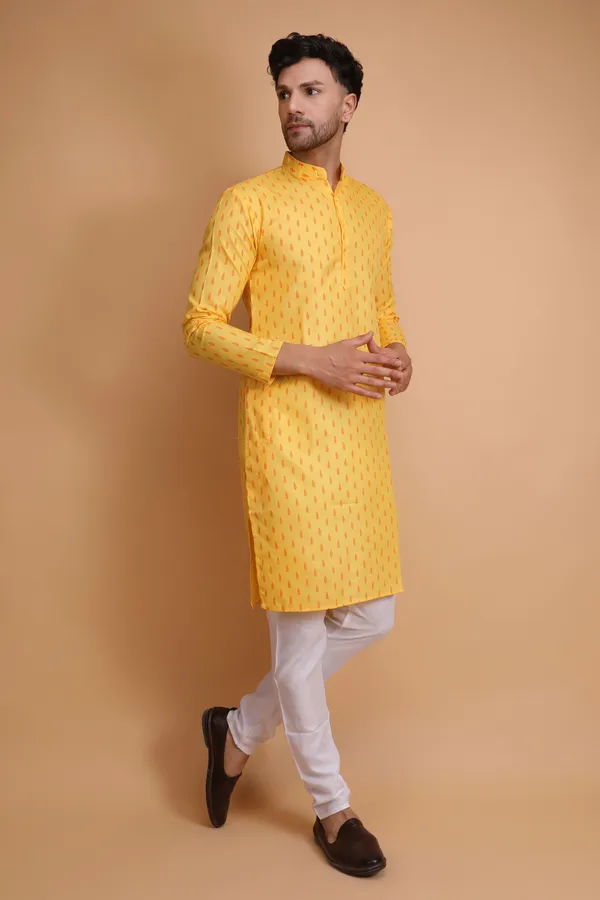 Yellow_Slub_Cotton_Kurta_Pajama_Set_For_Men