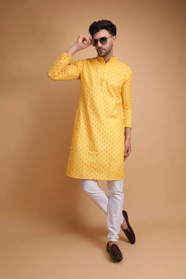 Yellow_Slub_Cotton_Kurta_Pajama_Set_For_Men