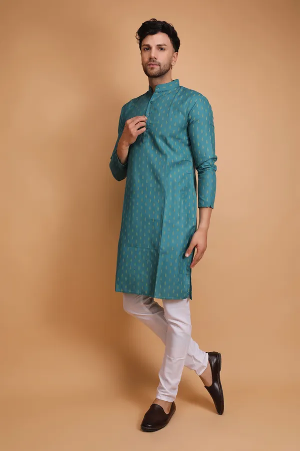 Teal_Slub_Cotton_Kurta_Pajama_Set_For_Men