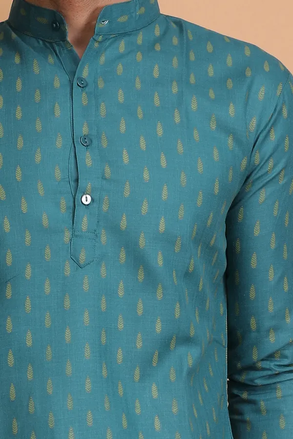 Teal_Slub_Cotton_Kurta_Pajama_Set_For_Men