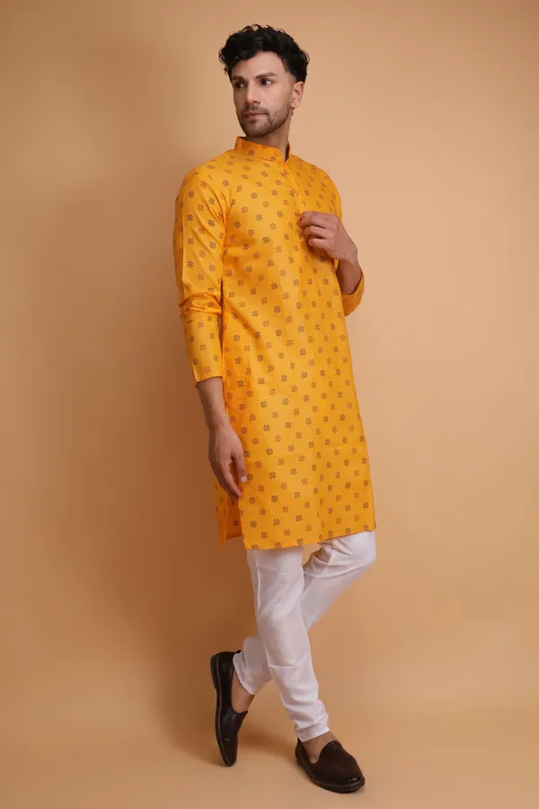 Yellow_Slub_Cotton_Kurta_Pajama_Set_For_Men