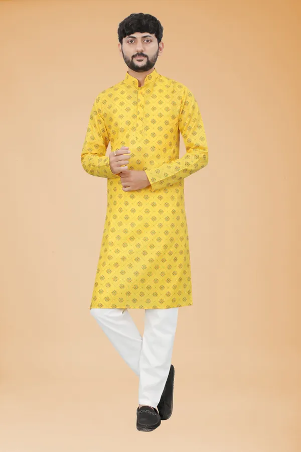 Yellow_Slub_Cotton_Kurta_Pajama_Set_For_Men