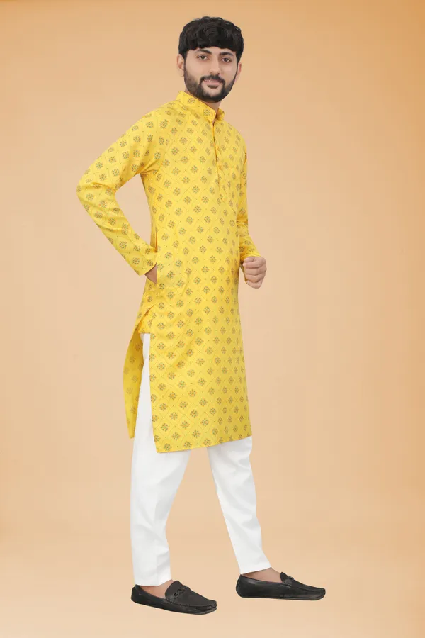 Yellow_Slub_Cotton_Kurta_Pajama_Set_For_Men