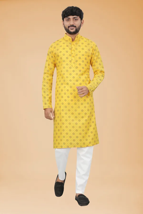 Yellow_Slub_Cotton_Kurta_Pajama_Set_For_Men
