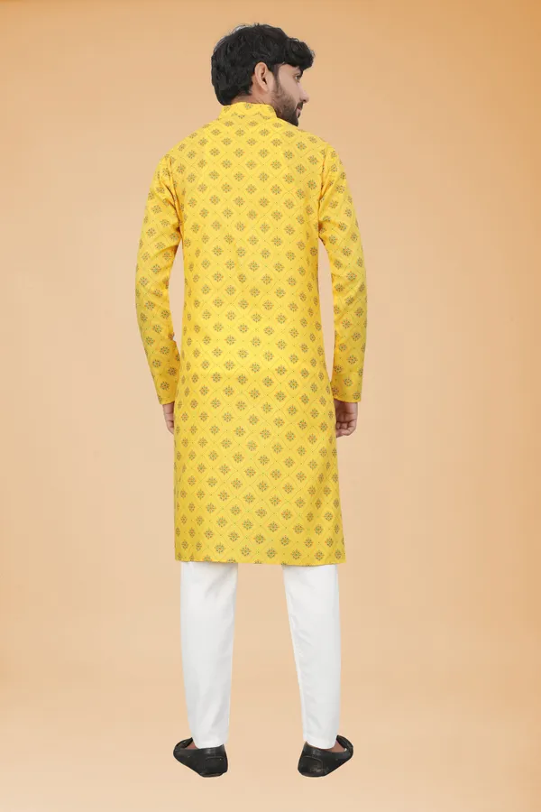 Yellow_Slub_Cotton_Kurta_Pajama_Set_For_Men