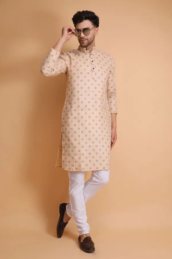 Beige_Slub_Cotton_Kurta_Pajama_Set_For_Men
