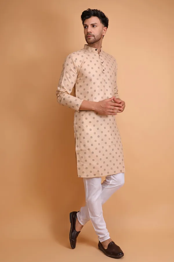 Beige_Slub_Cotton_Kurta_Pajama_Set_For_Men