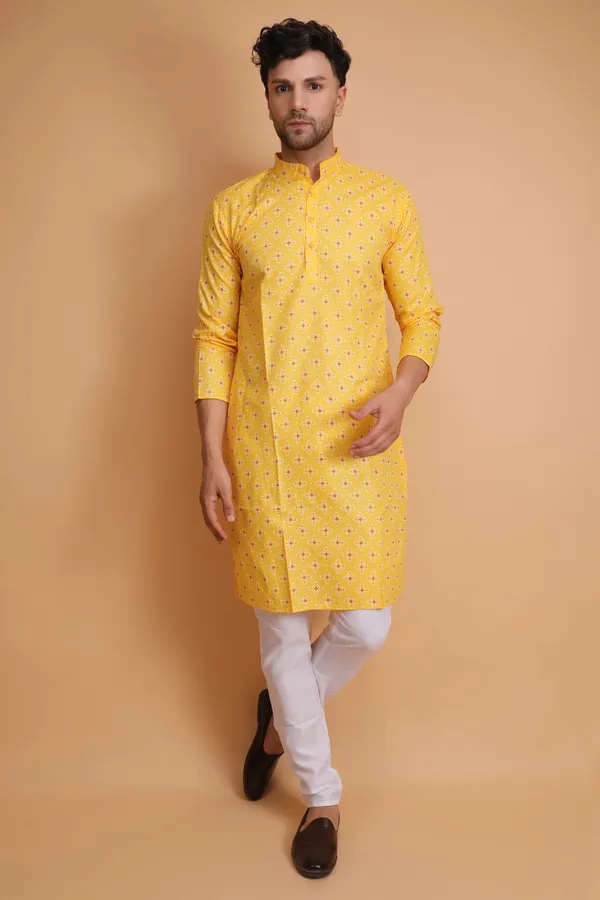 Yellow_Slub_Cotton_Kurta_Pajama_Set_For_Men