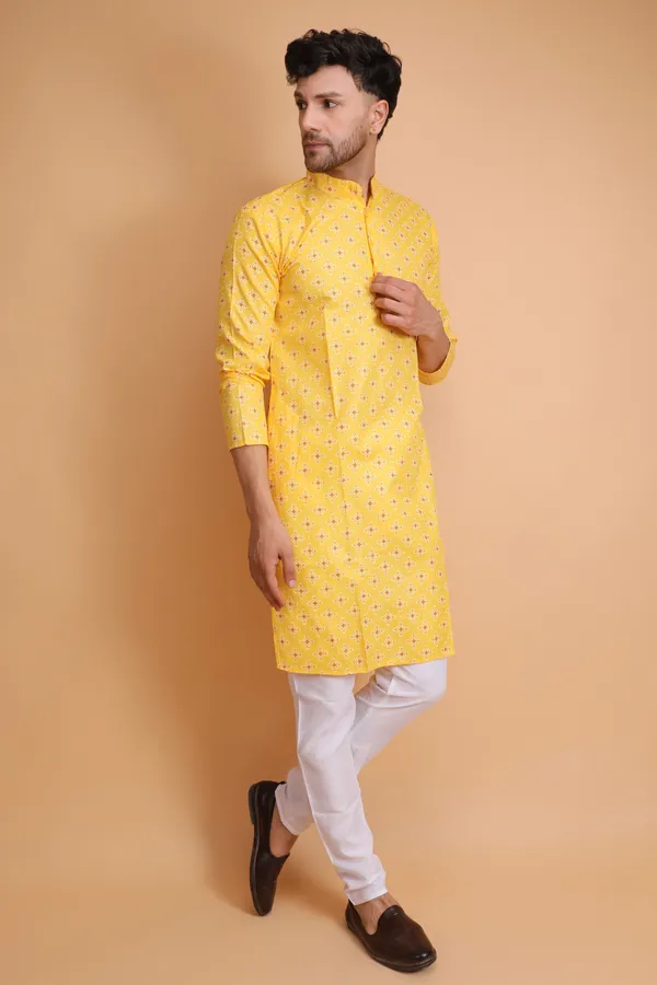 Yellow_Slub_Cotton_Kurta_Pajama_Set_For_Men