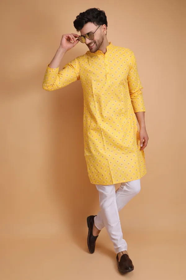 Yellow_Slub_Cotton_Kurta_Pajama_Set_For_Men