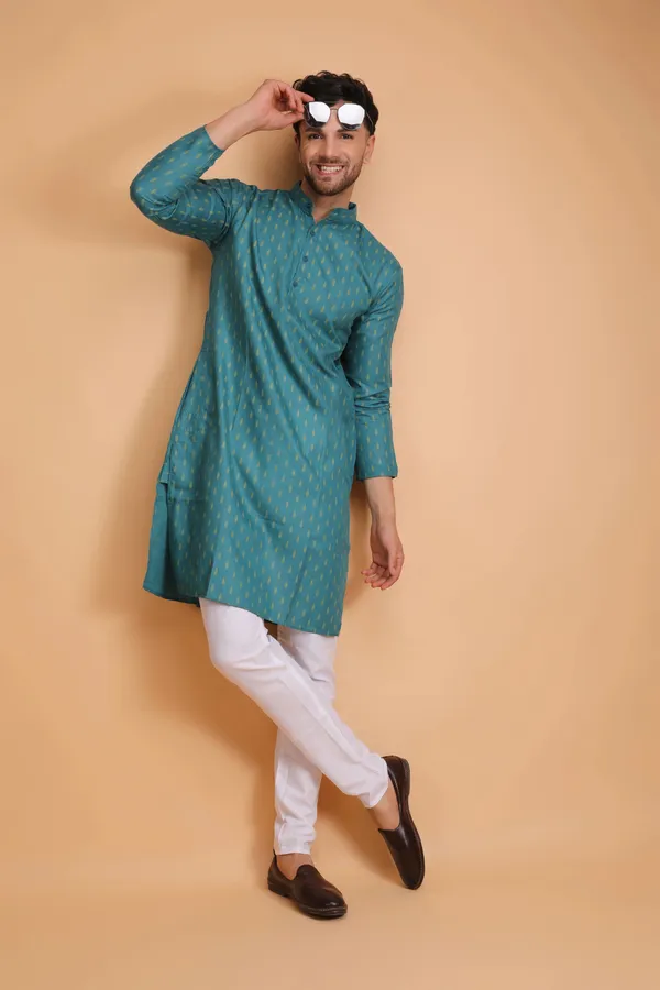 Teal_Slub_Cotton_Kurta_For_Men