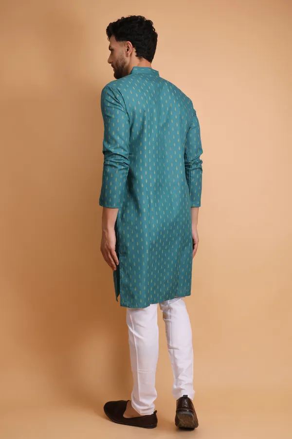 Teal_Slub_Cotton_Kurta_For_Men